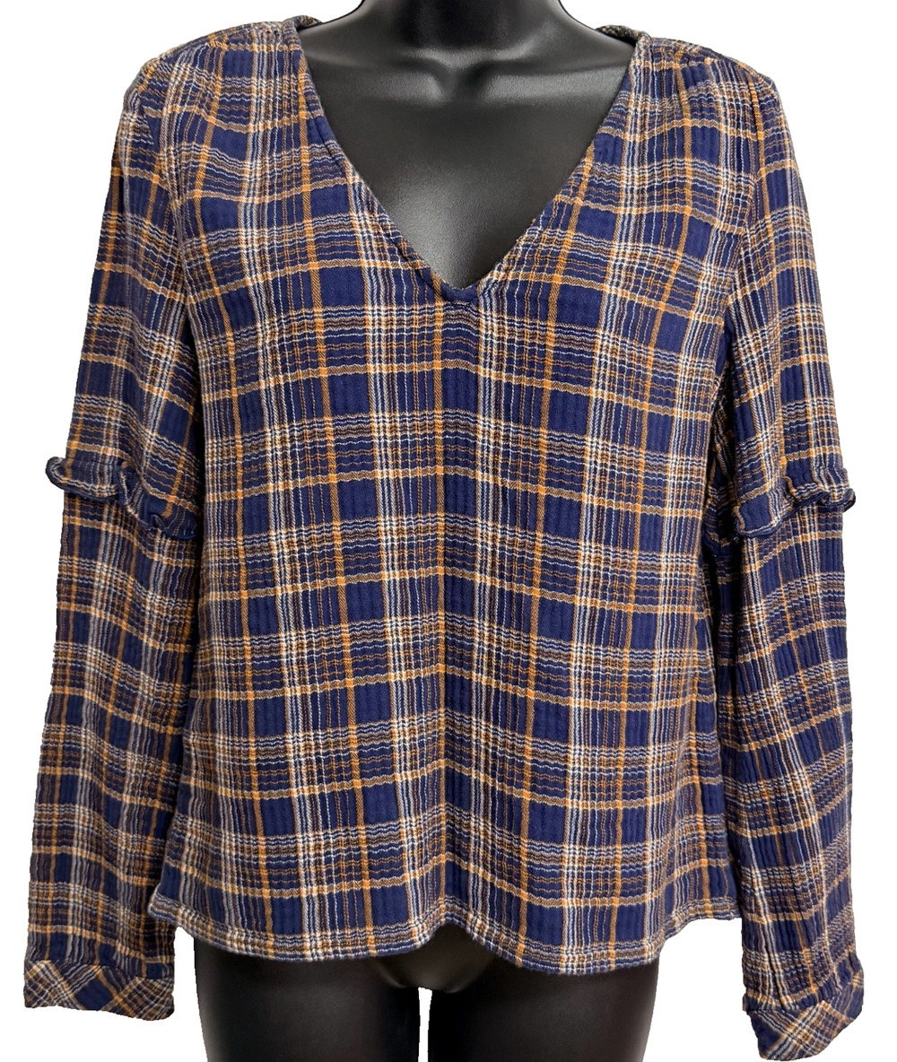 Madewell V-Neck Blouse Women's Small Navy Orange Plaid Ruffle Long Sleeve Top